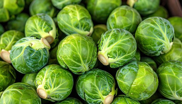 Vibrant green brussels sprouts packed tightly in a pile