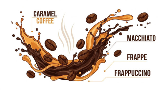 Coffee Flavor Splash with Coffee Beans and Steaming Liquid in a Dynamic Artistic Composition