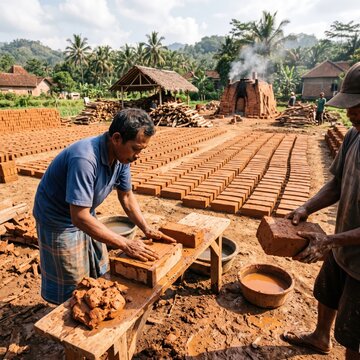 Skilled manual laborers crafting traditional clay bricks by hand in a rural outdoor workshop setting surrounded by lush tropical greenery and smoky kilns