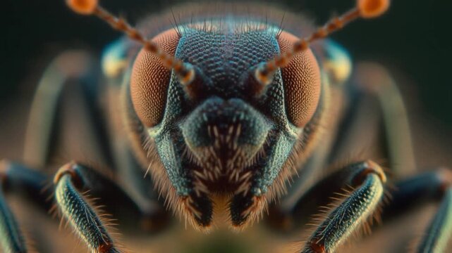 Extreme close-up macro insect face with detailed eyes during outdoor natural light exploration