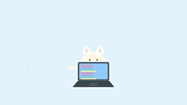 Cute Cartoon Cat Character Coding on Laptop Minimalist Illustration