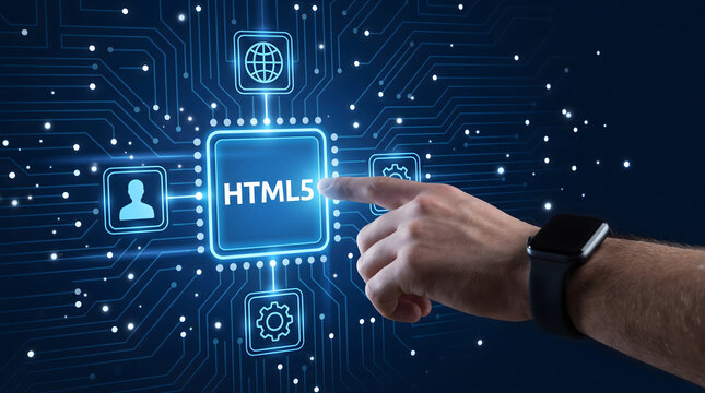 Hand Pointing to HTML5 on Futuristic Circuit Board Background with Glowing Icons and Dark Blue Colors