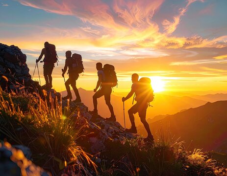 Hikers ascend a rocky mountain trail at sunrise with a breathtaking sky.