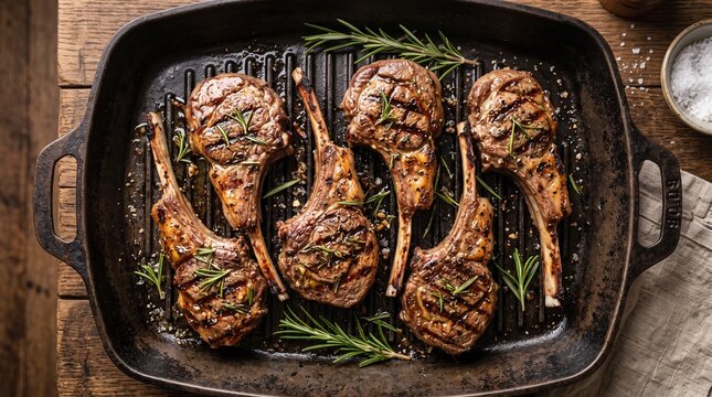 Grilled lamb chops in a pan. Roasted meat ribs with herbs. Gourmet food.