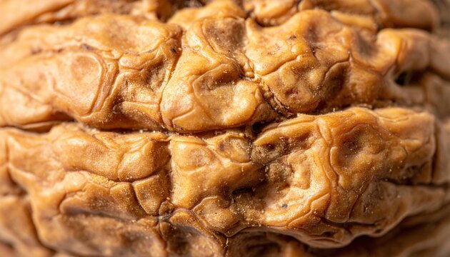 Walnut shell texture macro: An extreme macro close-up shot capturing the highly detailed organic ridges and texture of a dried brown walnut shell, packaging design element.