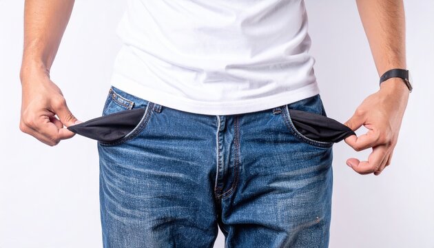 A poignant studio photograph of a man in casual clothes turning out both empty pockets of his trousers to show his financial struggle, isolated on white.