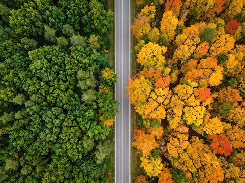 Aerial top down view of a straight road dividing green summer and yellow autumn forest