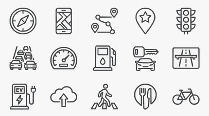Fototapeta premium Elegant Monochrome Line Icons Set Featuring Navigation Traffic Vehicles Charging and Lifestyle Elements