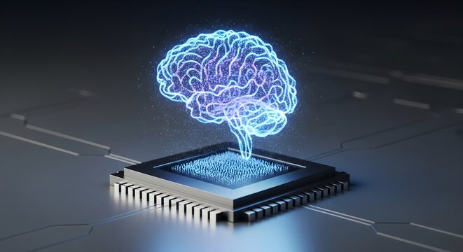 Digital glowing brain holographic projection emerging from a powerful computer processor on a motherboard.