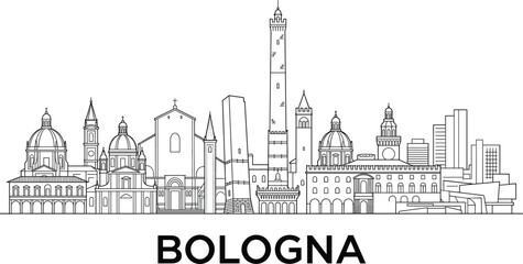Fototapeta premium Bologna city skyline horizontal panoramic banner with historic towers medieval cathedrals and landmarks outline linear vector illustration
