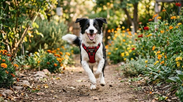 Happy Border Collie dog running towards camera in a sunny flower garden wearing a red harness with Adopt Me text for pet rescue and animal shelter.
