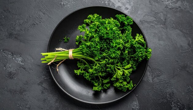 A beautiful flat lay of fresh parsley leaves on a dark plate background surface sheet pile bundle