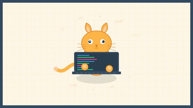 Cute Cartoon Orange Cat Coding on a Laptop Vector Illustration