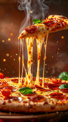 Pepperoni pizza slice with melting stretchy cheese isolated on a transparent background