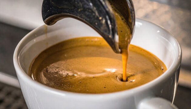 A close-up of hot espresso dripping into a small ceramic cup