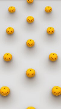 Holiday 3d render of pumpkin shapes is rotating in isometric view. Computer generated loop animation. Halloween pattern, 4K seamless vertical motion design
