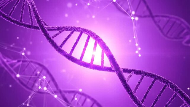 A digital illustration of a double helix structure against a vibrant purple background