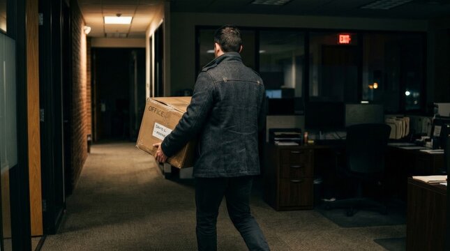 A man carries a cardboard box through a dim office corridor at night, visually illustrating the conclusion of his tenure or an abrupt exit from a professional role