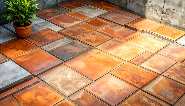 Brown and orange terracotta floor tiles.