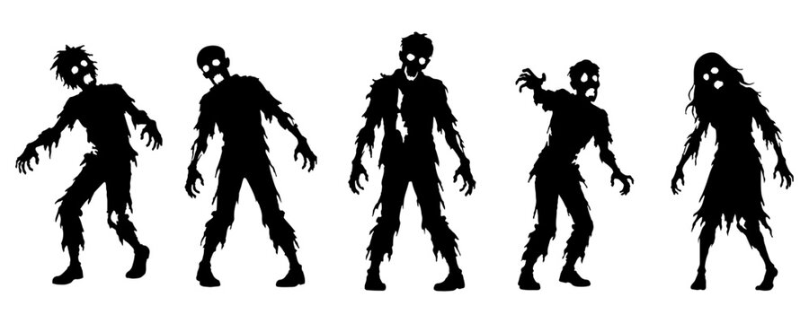 Halloween Zombie Silhouette Collection with Five Creepy Undead Characters in Different Poses, Scary Walking Dead Monster Bundle Isolated on White Background, Black Vector Clipart Set for Decorations.