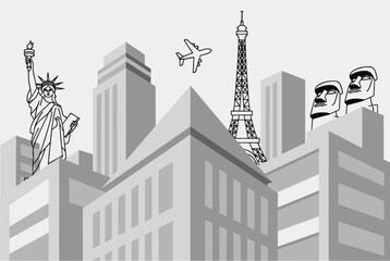 Obraz premium Artistic grey scale landscape featuring a mix of modern city skyscrapers and famous world landmarks like the Eiffel Tower and Statue of Liberty.