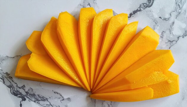 A beautiful arrangement of fresh mango slices in a fan shape