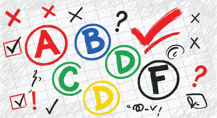 A collection of colorful educational grading letters (A, B, C, D, F) combined with various classroom symbols like checkmarks, question marks, and exclamation points on a grid background. © Mend