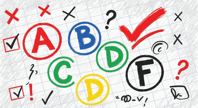 A collection of colorful educational grading letters (A, B, C, D, F) combined with various classroom symbols like checkmarks, question marks, and exclamation points on a grid background.