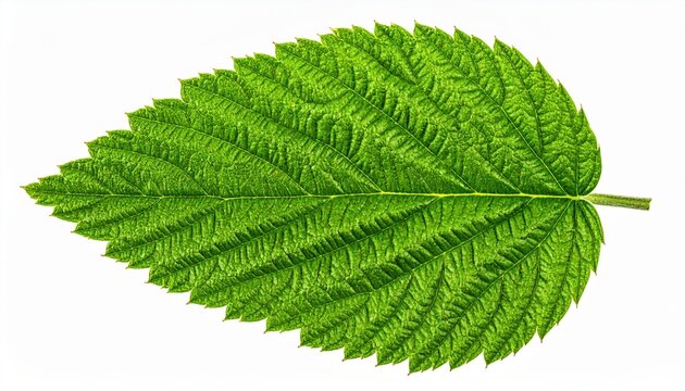 Raspberry leaf isolated: A single fresh green raspberry leaf showing detailed jagged edges and ribbing, isolated on white.
