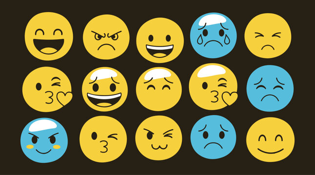 A large collection of diverse emoji faces, both in color and outline, representing a wide range of emotions 