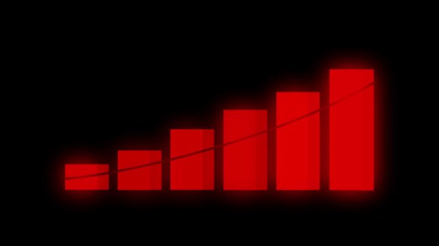 Red glowing bar graph on a black background, depicting increasing signal strength or data visualization with a subtle trend line.
