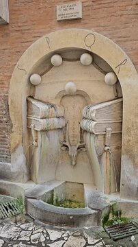 Historic Fontana dei Libri, a unique public drinking fountain located in Rome, Italy, symbolizing culture with its stone books, a deer head, and the letters S.P.Q.R carved into the arch