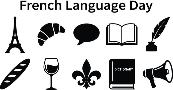 French language day icons set featuring eiffel tower, croissant, wine glass and more