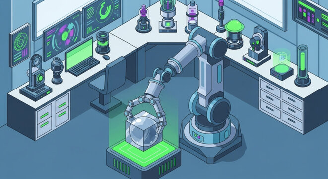 futuristic laboratory with robotic arm conducting scientific experiment with glass container and advanced computer monitors