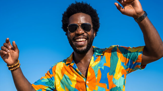 Happy black man dancing outdoors against blue sky at summer festival