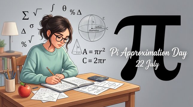 A young female student studying at a desk with mathematics books celebrating Pi Approximation Day illustration