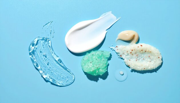 Samples of cosmetic cream smears, shower gel and scrub for face and body on pastel blue background, beauty product photography.