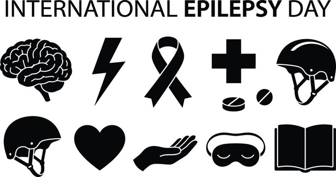 International epilepsy day awareness icons set with brain helmet and medication symbols
