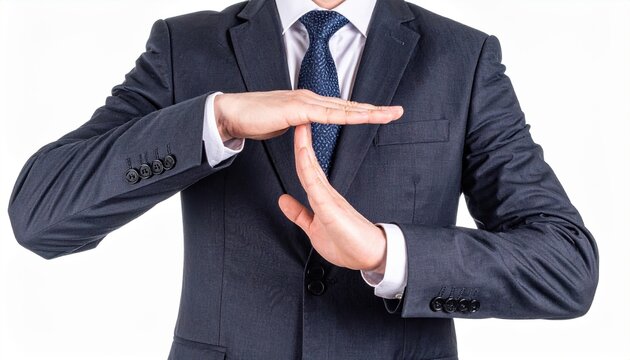 A professional employee in a crisp suit demonstrating a timeout gesture with his palms forming a "T" shape, isolated on white.