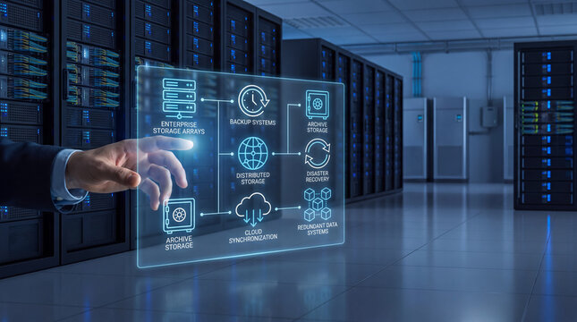 Cloud Storage and Backup Hologram Presented in Enterprise Data Center Storage Hall