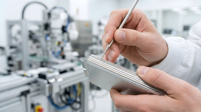 Close up view of a quality control inspector using a sharp metal pointer probe to examine a stack of silver lithium-ion pouch cells.