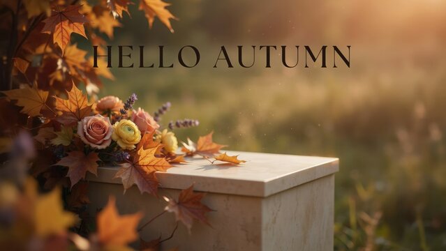 Autumn leaves and flowers on a stone pedestal in a field with warm sunlight and hello autumn text