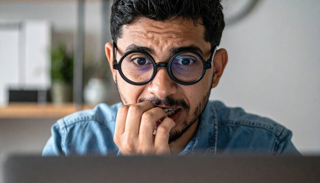 A nerdy guy with thick round glasses looking stressed, biting his fingernails while staring intently at a computer screen.