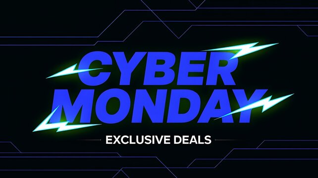 Cyber Monday exclusive deals advertisement with blue and green lightning bolts on black background