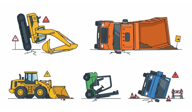 Overturned Heavy Construction Machinery and Truck Accidents Illustration Set with Excavator and Bulldozer