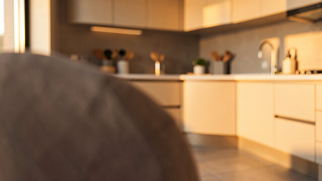 Perspective Of Modern Kitchen With Creamy Optical Bokeh Point