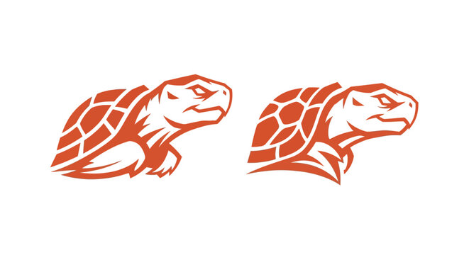 Two stylized red turtle head illustrations facing opposite directions.