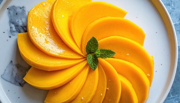A beautiful arrangement of fresh mango slices in a spiral fan layout design grid pattern structure