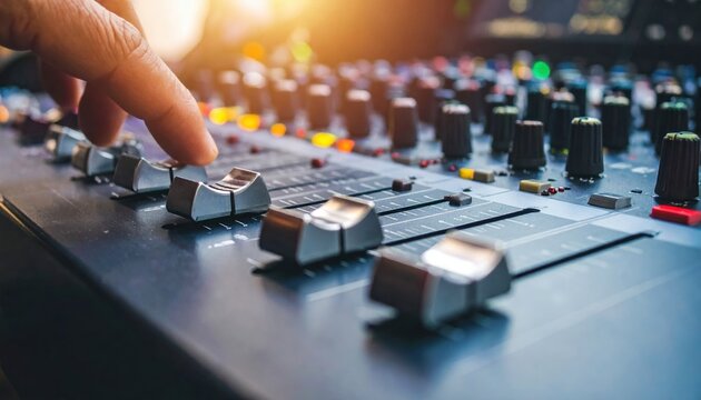 A close-up of a hand adjusting a premium audio mixer channel fader control system track line slide