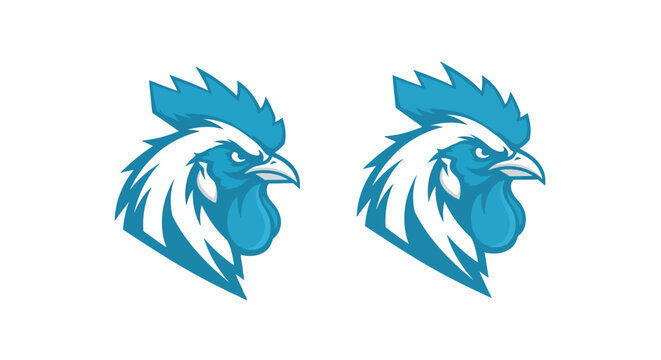 Blue Rooster Head Silhouette Design Pair.
